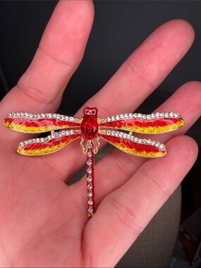 Red and Gold Dragonfly Brooch Pin - Women Jewelry